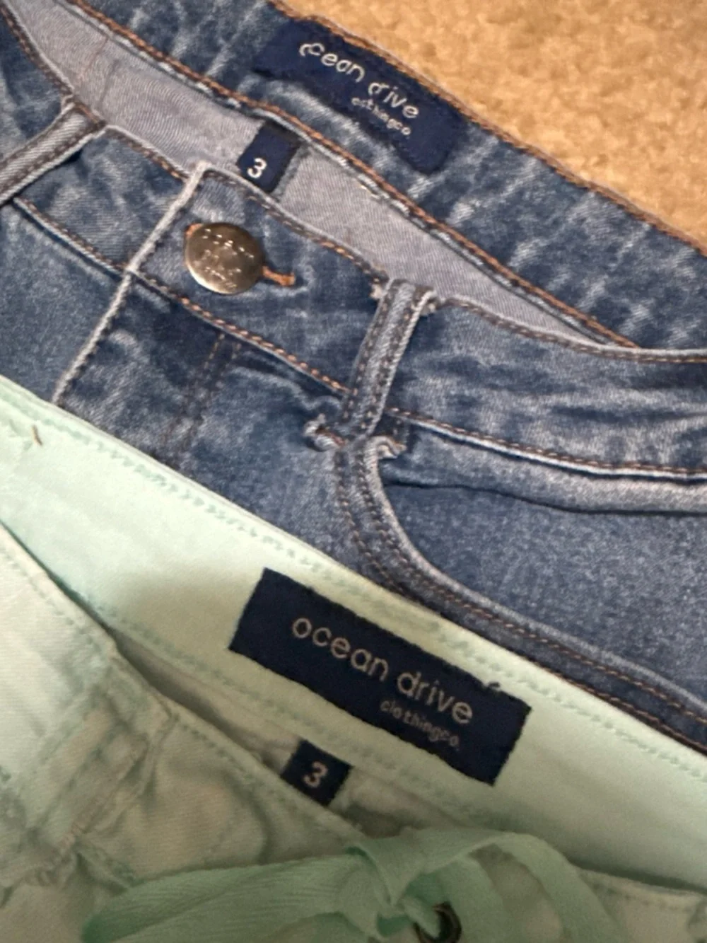 Ocean Drive Mint Lace-Up Distressed Denim Shorts and Light denim